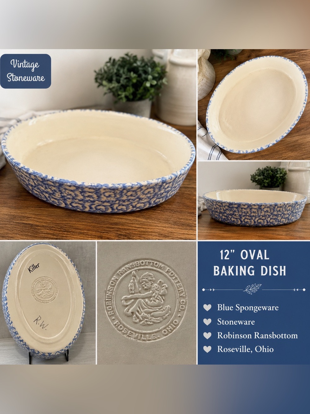 Vintage Roseville Pottery Robinson Ransbottom Blue Spongeware Oval Bake Dish 12”